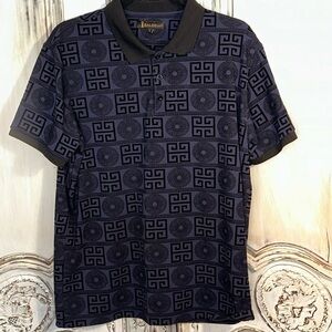 Men’s IBaldelli  Navy Short Sleeves Burn Out Velvet Graphic Pattern Polo Shirt